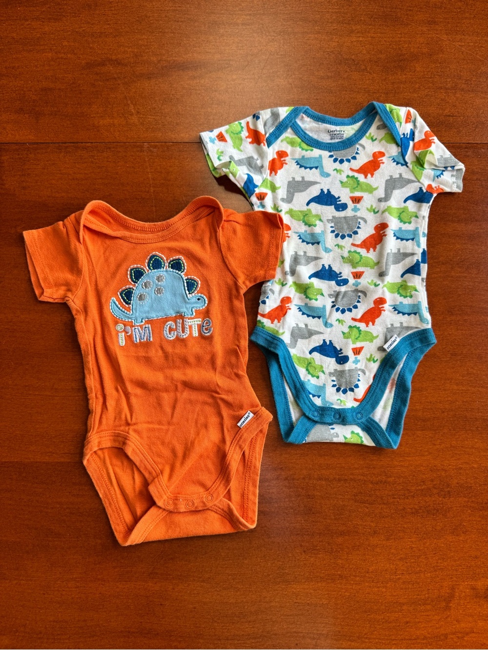 Gerber Baby Boys 3-9M Dinosaur Bodysuits Lot of 2 Orange Blue Cotton Onesies